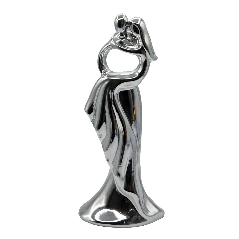 Art Deco Ceramic Hugging Couple Sculpture with Polished Silver Chrome Finish